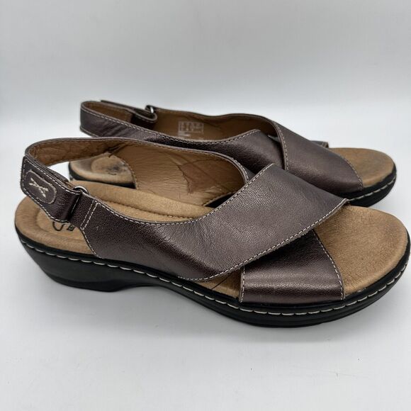 Clarks Shoes - Clarks Collection Sandal Womens Brown Wide Strap Criss Cross Hook Loop Size 7